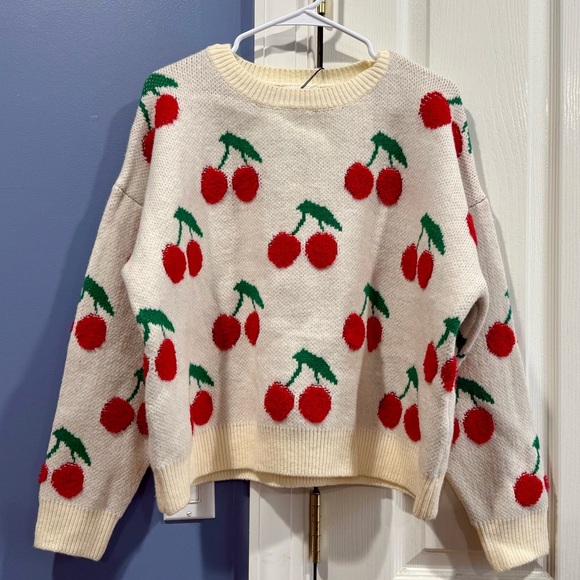 NWT &Merci “Sweet As Can Be” Ivory Cherry Print Sweater in size small - Picture 9 of 16